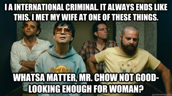 I a international criminal. It always ends like this. I met my wife at one of these things. Whatsa matter, Mr. Chow not good-looking enough for woman?   Mr Chow