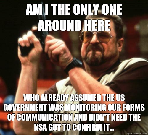 Am i the only one around here Who already assumed the US Government was monitoring our forms of communication and didn't need the NSA guy to confirm it...  Am I The Only One Around Here
