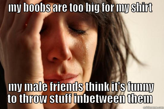 MY BOOBS ARE TOO BIG FOR MY SHIRT  MY MALE FRIENDS THINK IT'S FUNNY TO THROW STUFF INBETWEEN THEM  First World Problems