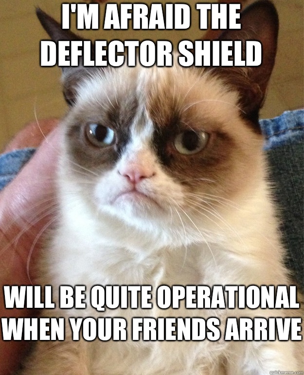 I'm afraid the deflector shield Will be quite operational when your friends arrive  Grumpy Cat
