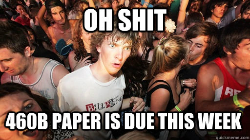 OH shit 460b paper is due this week   Sudden Clarity Clarence