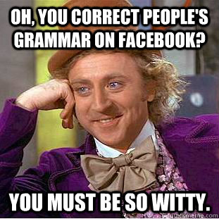 Oh, you correct people's grammar on facebook? You must be so witty. - Oh, you correct people's grammar on facebook? You must be so witty.  Condescending Wonka