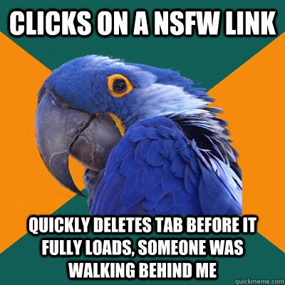 clicks on a nsfw link quickly deletes tab before it fully loads, someone was walking behind me  Paranoid Parrot
