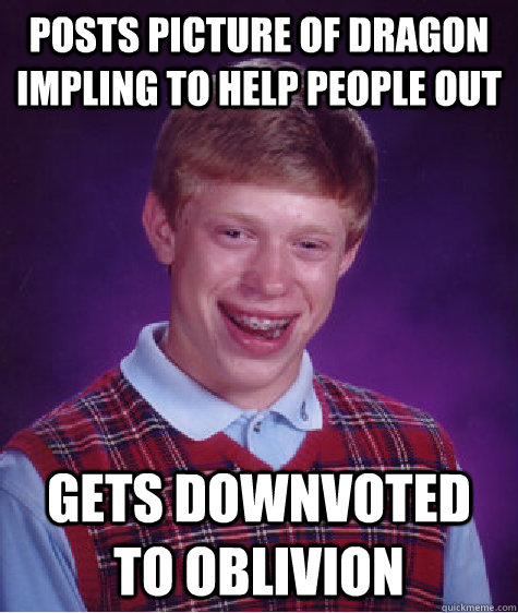 Posts picture of Dragon impling to help people out gets downvoted to oblivion - Posts picture of Dragon impling to help people out gets downvoted to oblivion  Bad Luck Brian