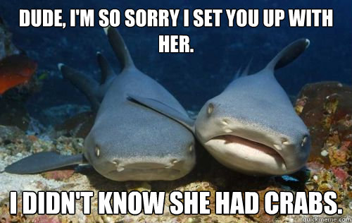 Dude, I'm so sorry I set you up with her.
 I didn't know she had crabs.  Compassionate Shark Friend