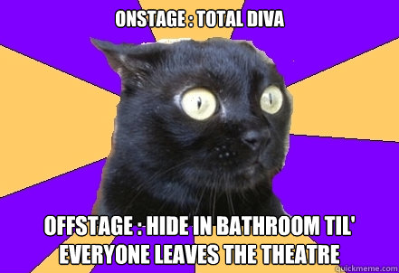 Onstage : Total Diva Offstage : Hide in bathroom til' everyone leaves the theatre   Anxiety Cat