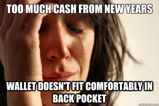 too much cash from new years wallet doesn't fit comfortably in back pocket  First World Problems