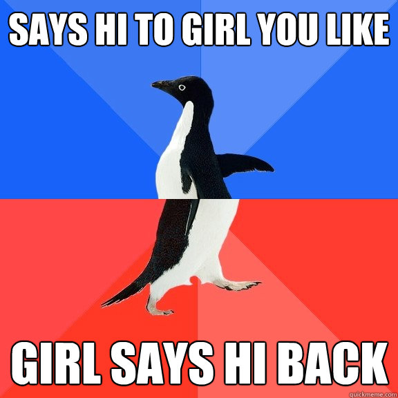 says hi to girl you like girl says hi back  Socially Awkward Awesome Penguin