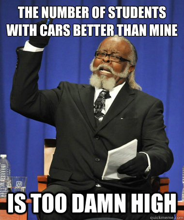 the number of students with cars better than mine is too damn high  The Rent Is Too Damn High