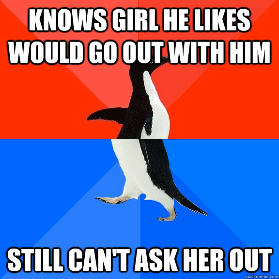 Knows girl he likes would go out with him still can't ask her out  socially awkward penguin socially awesome penguin