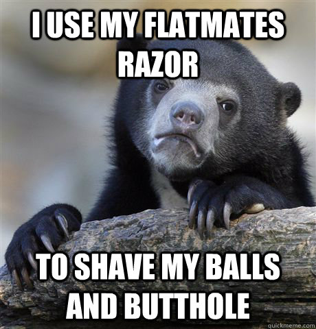 I use my flatmates razor to shave my balls and butthole - I use my flatmates razor to shave my balls and butthole  Confession Bear