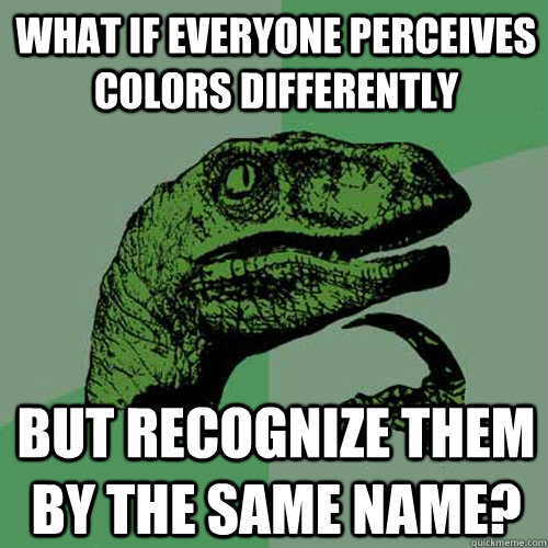 What if everyone perceives colors differently but recognize them by the same name?  Philosoraptor