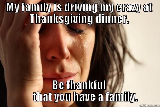MY FAMILY IS DRIVING MY CRAZY AT THANKSGIVING DINNER. BE THANKFUL       THAT YOU HAVE A FAMILY. First World Problems