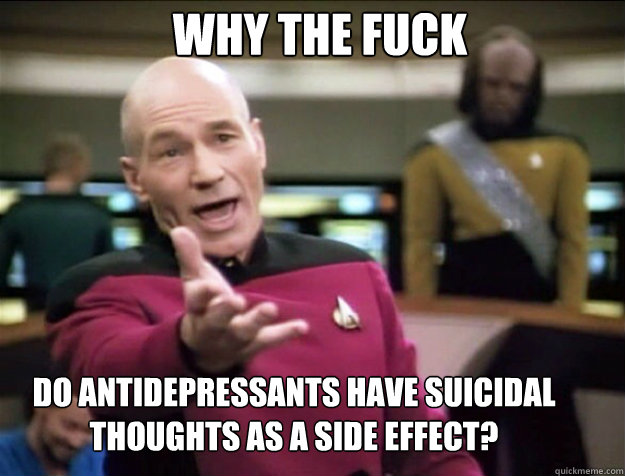 WHY THE FUCK do antidepressants have suicidal thoughts as a side effect? - WHY THE FUCK do antidepressants have suicidal thoughts as a side effect?  Piccard 2