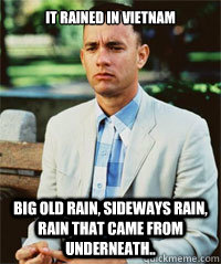 It rained in Vietnam Big old rain, sideways rain, rain that came from underneath..   Forrest Gump