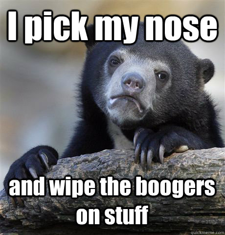 I pick my nose and wipe the boogers on stuff  Confession Bear