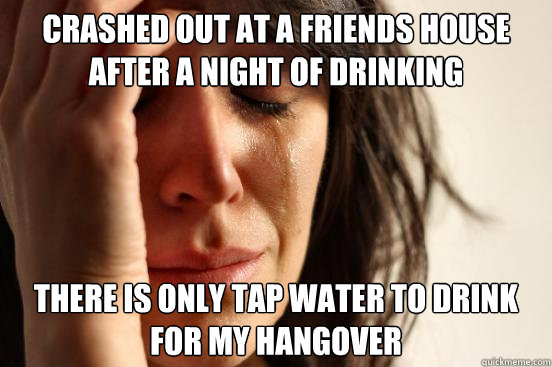 Crashed out at a friends house after a night of drinking there is only tap water to drink for my hangover  First World Problems