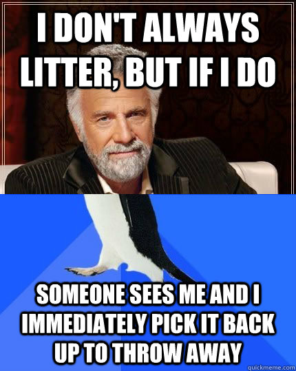 I don't always litter, but if i do someone sees me and I immediately pick it back up to throw away  