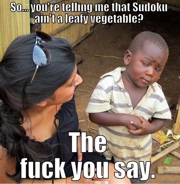 SO... YOU'RE TELLING ME THAT SUDOKU AIN'T A LEAFY VEGETABLE? THE FUCK YOU SAY. Skeptical Third World Kid