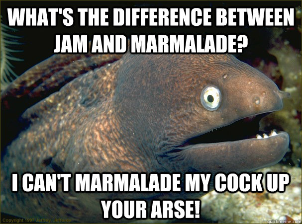 What's the difference between jam and marmalade? I can't marmalade my cock up your arse! - What's the difference between jam and marmalade? I can't marmalade my cock up your arse!  Bad Joke Eel