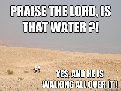 praise the lord, is that water ?! yes, and he is walking all over it ! - praise the lord, is that water ?! yes, and he is walking all over it !  Desert people are funny