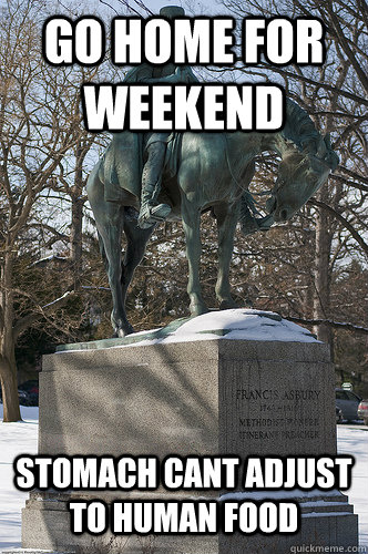 go home for weekend stomach cant adjust to human food   Drew University Meme