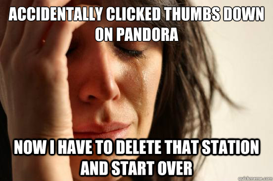 accidentally clicked thumbs down on pandora now i have to delete that station and start over  First World Problems