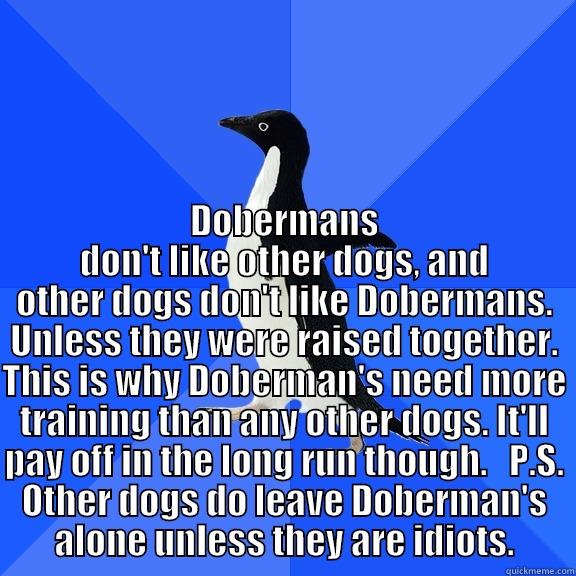  DOBERMANS DON'T LIKE OTHER DOGS, AND OTHER DOGS DON'T LIKE DOBERMANS. UNLESS THEY WERE RAISED TOGETHER. THIS IS WHY DOBERMAN'S NEED MORE TRAINING THAN ANY OTHER DOGS. IT'LL PAY OFF IN THE LONG RUN THOUGH.   P.S. OTHER DOGS DO LEAVE DOBERMAN'S ALONE UNLESS Socially Awkward Penguin