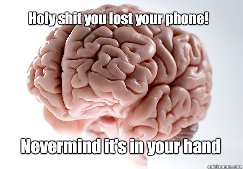 Holy shit you lost your phone! Nevermind it's in your hand   Scumbag Brain