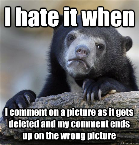 I hate it when I comment on a picture as it gets deleted and my comment ends up on the wrong picture  Confession Bear