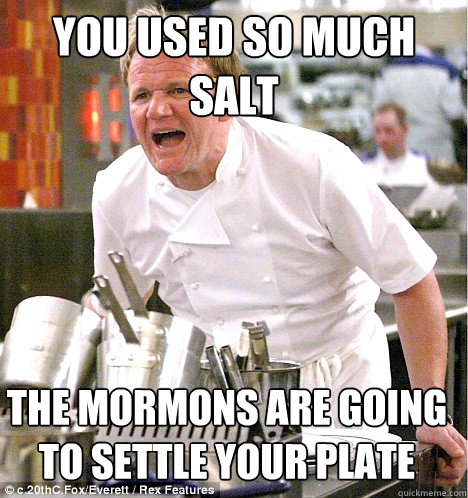 YOU USED SO MUCH SAlt THE MORMONS ARE GOING TO SETTLE YOUR PLATE - YOU USED SO MUCH SAlt THE MORMONS ARE GOING TO SETTLE YOUR PLATE  gordon ramsay
