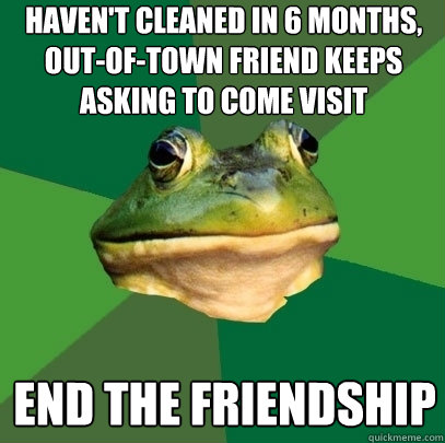haven't cleaned in 6 months, out-of-town friend keeps asking to come visit end the friendship  Foul Bachelor Frog