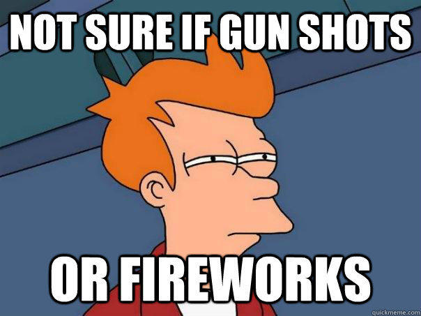 Not sure if Gun shots Or fireworks  Futurama Fry