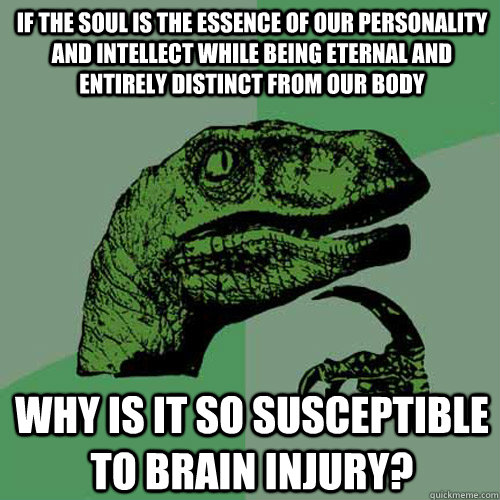 If the soul is the essence of our personality and intellect while being eternal and entirely distinct from our body Why is it so susceptible to brain injury? - If the soul is the essence of our personality and intellect while being eternal and entirely distinct from our body Why is it so susceptible to brain injury?  Philosoraptor