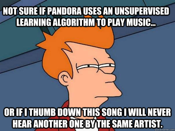 Not sure if Pandora uses an unsupervised learning algorithm to play music... Or if I thumb down this song I will never hear another one by the same artist.  Futurama Fry