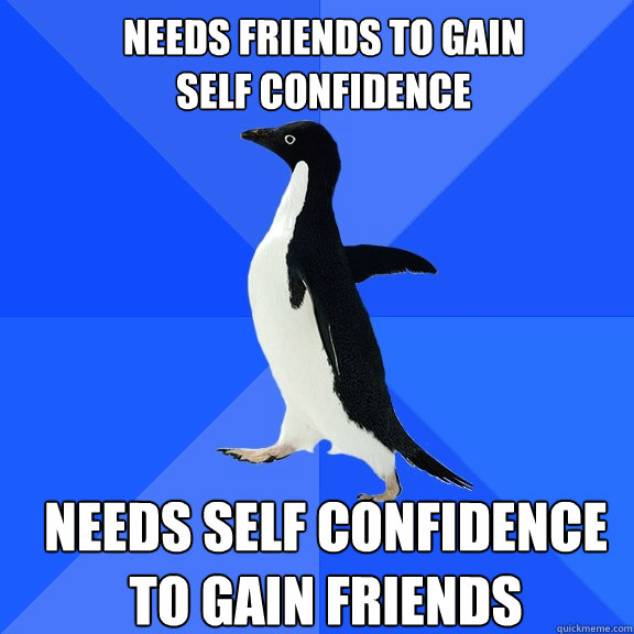 Needs friends to gain
self confidence Needs self confidence
to gain friends - Needs friends to gain
self confidence Needs self confidence
to gain friends  Socially Awkward Penguin