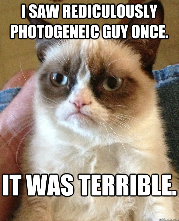 I saw rediculously photogeneic guy once. it was terrible. - I saw rediculously photogeneic guy once. it was terrible.  Grumpy Cat