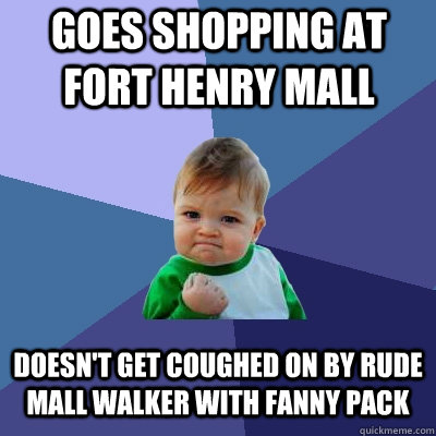 goes shopping at fort henry mall doesn't get coughed on by rude mall walker with fanny pack   Success Kid