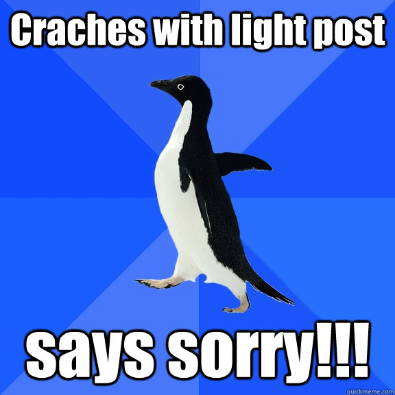 Craches with light post says sorry!!!  Socially Awkward Penguin