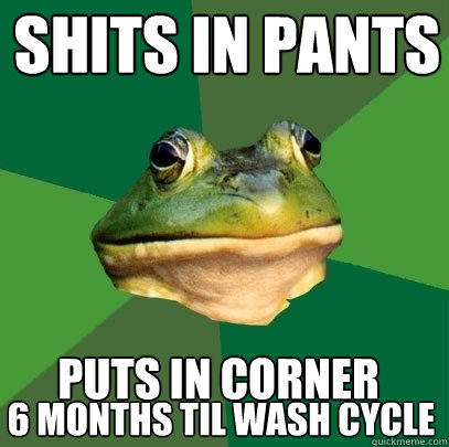 Shits in pants Puts in corner 6 months til wash cycle   Foul Bachelor Frog
