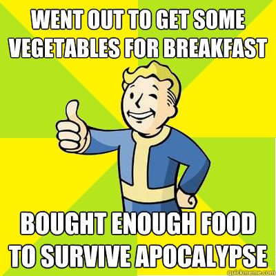 went out to get some vegetables for breakfast bought enough food to survive apocalypse  Fallout new vegas