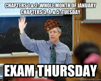 Chapters 1 & 2: Whole month of January
Chapters 3, 4, & 5: Tuesday Exam thursday  Scumbag Professor