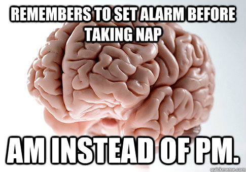 Remembers to set alarm before taking nap AM instead of PM.  Scumbag Brain