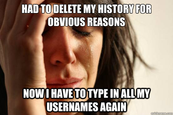 had to delete my history for obvious reasons now i have to type in all my usernames again  First World Problems