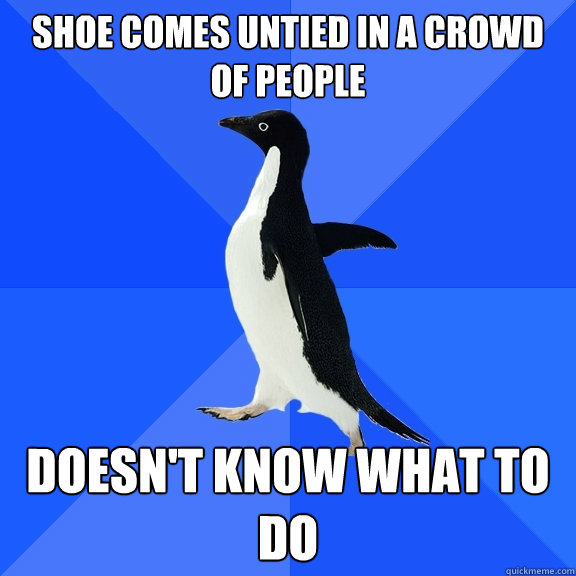 Shoe comes untied in a crowd of people Doesn't know what to do   Socially Awkward Penguin