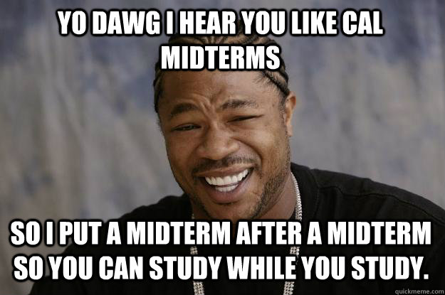 YO DAWG I HEAR YOU LIKE CAL MIDTERMS So i put a midterm after a midterm so you can study while you study.  - YO DAWG I HEAR YOU LIKE CAL MIDTERMS So i put a midterm after a midterm so you can study while you study.   Xzibit meme