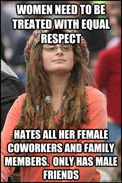 women need to be treated with equal respect hates all her female coworkers and family members.  only has male friends  College Liberal