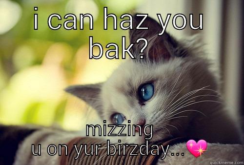 i can haz you bak? - I CAN HAZ YOU BAK? MIZZING U ON YUR BIRZDAY... First World Problems Cat