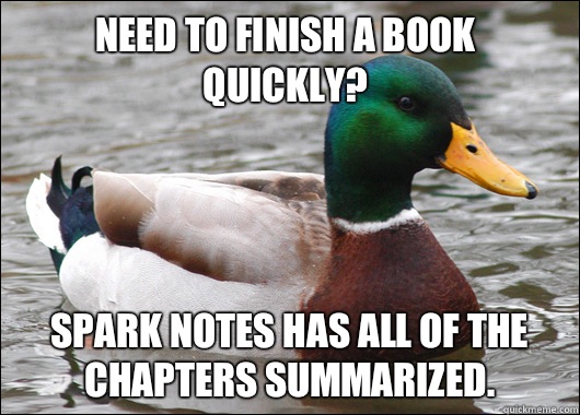 Need to finish a book quickly? Spark Notes has all of the chapters summarized.  Actual Advice Mallard