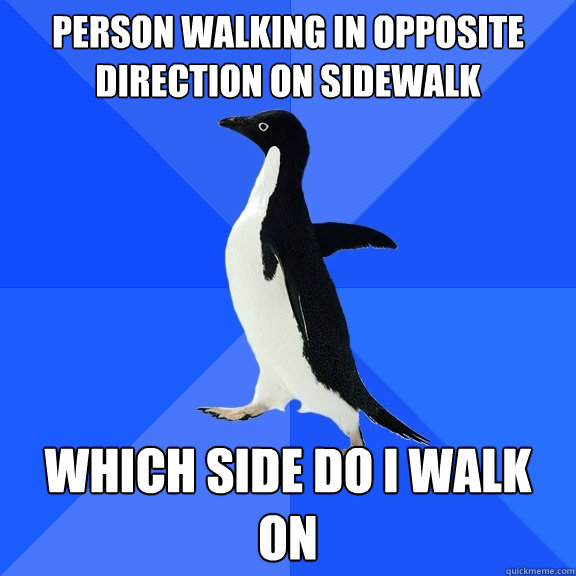 Person walking in opposite direction on sidewalk Which side do I walk on  Socially Awkward Penguin